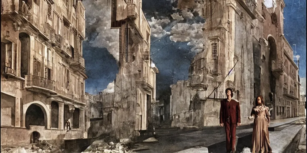 Prompt: a scene from the movie la felicita ( 1 9 7 1 ) by luchino visconti with mastroianni and claudia cardinale entering a cyberpunk!!!! city reminiscent of the ideal city by piero della francesca. technicolor, cinematic, 5 0 mm, highly detailed, reimagined by salvador dali