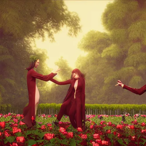 Prompt: a couple of vampires bitting each other while dancing in a rose garden, pre-raphaelites, elegant, octane render, cinematic,