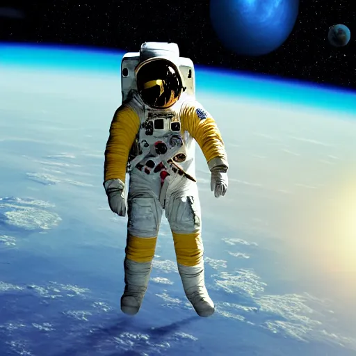 Image similar to astronaut in space, galactic background reflections on suit on one side and a yellow planet on the other side