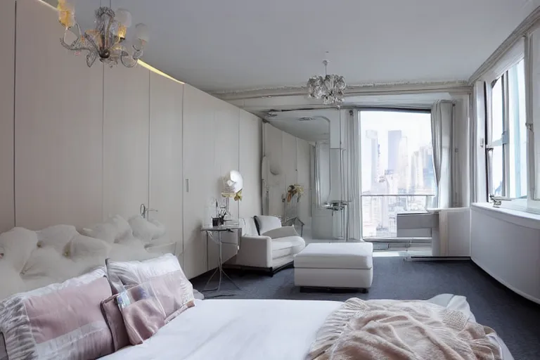 Image similar to A sunny bedroom, exquisite decoration, all New York Apartments style furniture, polar bear, high tech