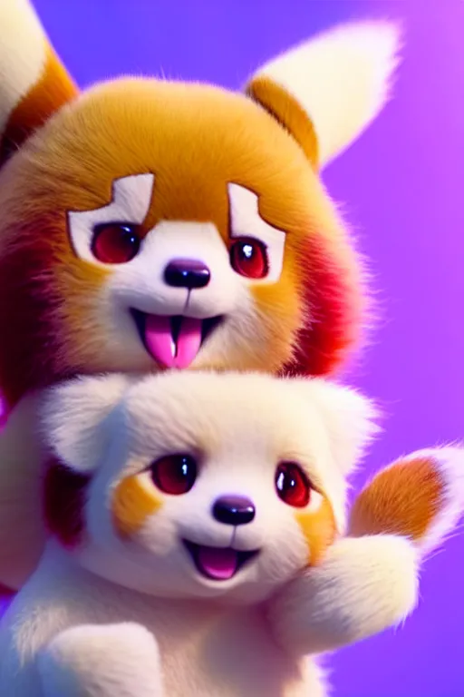 Image similar to high quality 3 d render hyperrealist very cute pastel fluffy red panda & koala hybrid eating giant ice cream, vray smooth, in the style of detective pikachu, very dramatic light, low angle, uhd 8 k, shallow depth or field