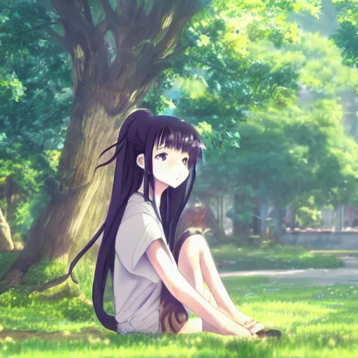 Image similar to photorealistic, green long hair anime boy meets a beautiful smiling anime girl with brown hair and high ponytail sitting under a tree, anime key visual, digital art, anime screenshot, kyoto animation, makoto shinkai, trending on pixiv