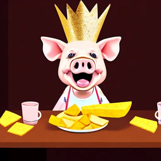 Image similar to realistic photo of a cute puppet pig wearing a gold crown eating cheese wedges at a table with a bib on, high quality, cinematic concept art