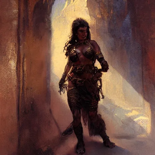 Prompt: a scrappy bronze age thief woman, looking around a corner, fantasy character portrait by gaston bussiere, craig mullins, greg rutkowski