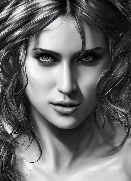 Image similar to up close portrait of a beautiful woman in black and white, photorealistic, intricate hair, art by diego fazio and diegoKoi and oscar Ukono, concept art, sharp focus, artgerm, 8k highly detailed