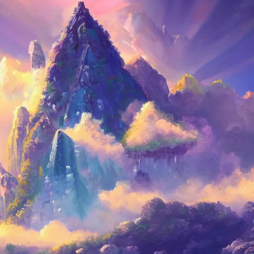 Image similar to a beautiful painting of a crystal castle set on top of a cliff, sun shining light rays thorugh the clouds, by hachiimon, trending on artstation. blue color scheme