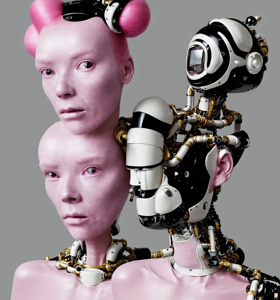 Image similar to portrait of a futuristic cyborg robot wearing a gold pipes fitted beauty mask and pink hair buns, wearing a black bodysuit by alexander mcqueen, cream white background, perfectly symmetric, soft diffused light, biotechnology, humanoid robot, hanging electrical cables and pipes, bjork aesthetic, translucent, by rineke dijkstra, intricate details, highly detailed, masterpiece,