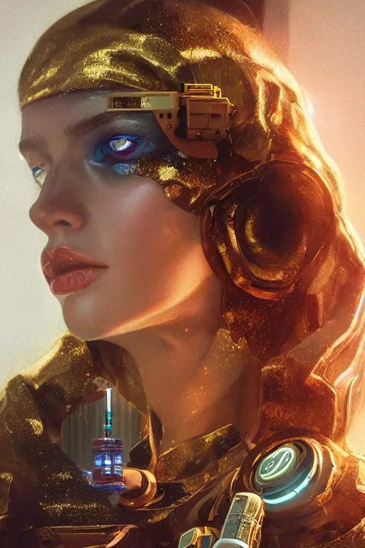 Prompt: Kodak Portra 400, 8K, soft light, volumetric lighting, highly detailed, britt marling style 3/4 ,portrait photo of a beautiful cyborg woman with gold , cyberpunk,sci-fi, fantasy, intricate, elegant, highly detailed, digital painting, artstation, concept art, smooth, sharp focus, illustration, art by artgerm and greg rutkowski and alphonse mucha