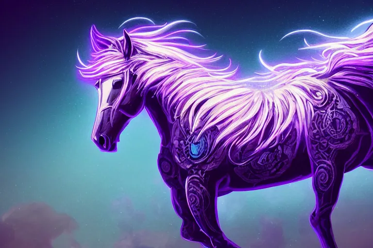 Prompt: a stunning horse with bioluminescent mane and tail rearing in the clouds by sandra chevrier and greg rutkowski, purple blue color scheme, celtic neon runes, vaporware, retro, outrun, high key lighting, volumetric light, digital art, highly detailed, fine detail, intricate, ornate, complex, octane render, unreal engine, photorealistic