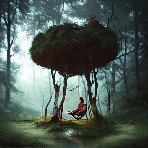 Prompt: chair in the forest by wenjun lin, wow