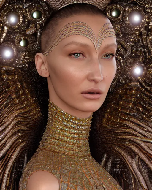 Image similar to a highly detailed metahuman 4 k close up render of an alien goddess bella hadid as alien in iris van herpen dress schiaparelli in diamonds crystals swarovski and jewelry in style of alphonse mucha gustav klimt trending on artstation made in unreal engine 4