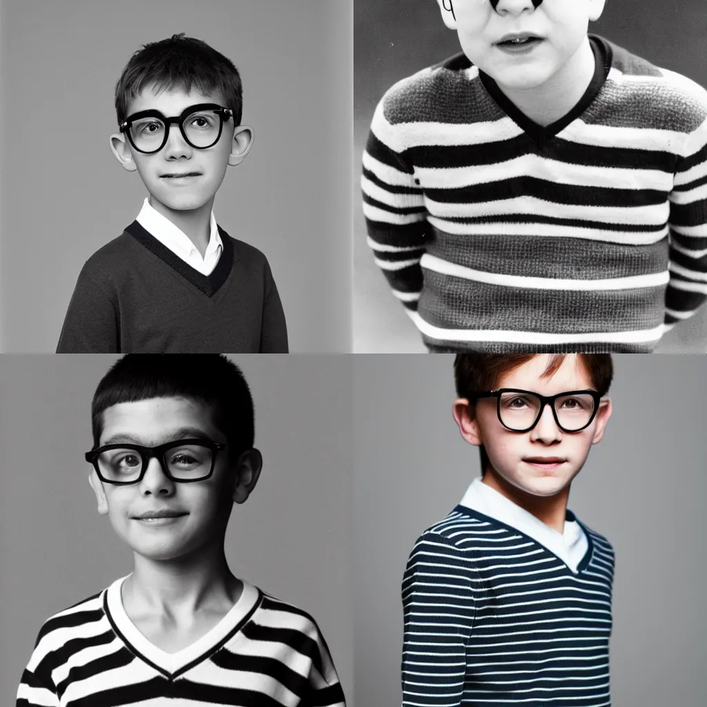 Prompt: an 8-year old schoolboy with glasses, wearing a white shirt underneath a striped v-neck jumper, portrait photography