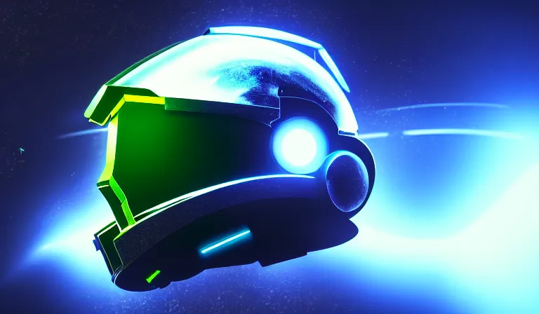 Image similar to cyberpunk halo helmet floating in space with light reflection, close shot, 8k, cinematic, epic, ultra detailed, award winning, trending on artstationHD, dramatic
