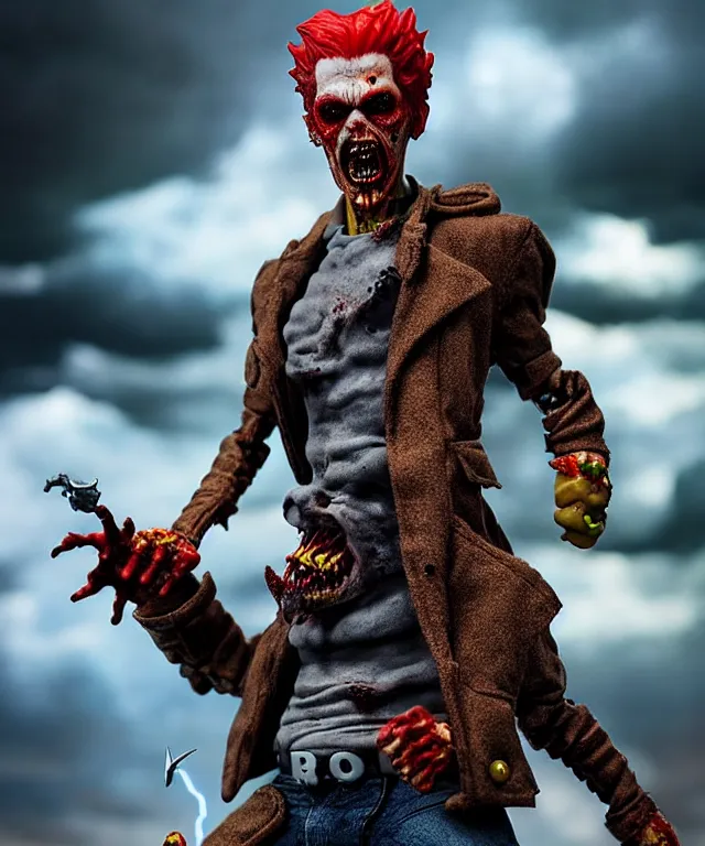 Image similar to hyperrealistic rendering, epic boss battle, punk rock zombie, by art of skinner and richard corben, product photography, collectible action figure, sofubi, hottoys, storm clouds, outside, lightning