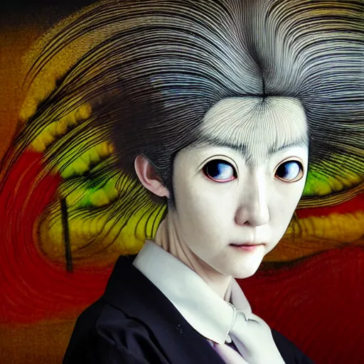 Image similar to yoshitaka amano blurred and dreamy realistic portrait of a woman with white hair and black eyes wearing dress suit with tie with head turned to the side, junji ito abstract patterns in the background, satoshi kon anime, noisy film grain effect, highly detailed, renaissance oil painting, weird portrait angle, blurred lost edges, three quarter angle