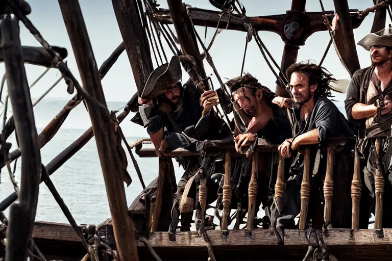 Image similar to closeup movie pirate crew on an old pirate ship, by emmanuel lubezki