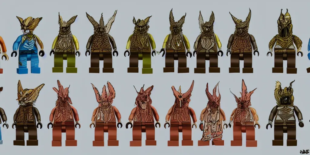 Prompt: creatures called critters, made out of a single lego brick. cute looking, sharp focus, moebius, character sheet, game concept art, brush work