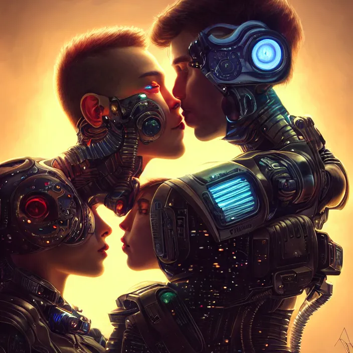 Image similar to ultra realistic medium shot of couple cyborgs male and female kiss, lovers, cyberpunk, sci - fi, fantasy, kodak, colour led, soft light, volumetric lighting, night, intricate, istock, highly detailed, digital painting, concept art, smooth, sharp focus, illustration, art by artgerm and greg rutkowski and alphonse mucha