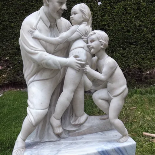 Prompt: Sculpture in marble of a father guiding his daughter