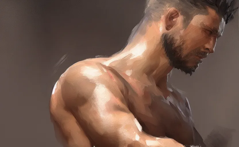 Image similar to a painting of arkul trending on artstation in the style of greg rutkowski, beautiful, male, sensual, natural skin, muscular, stubble