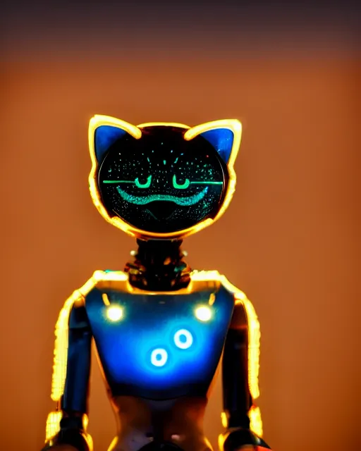 Image similar to high quality presentation noght photo of an illuminated cat-like female robot on mars, photography 4k, full body, f1.8 anamorphic, bokeh, 4k, Canon, Nikon