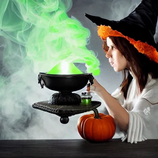 Prompt: teen witch mixing a spell in a cauldron, an owl is standing on the table, a cat is on the table, wispy smoke fills the air, a witch hat, cinematic, green glowing smoke is coming out of the cauldron, ingredients on the table, unorganized apothecary shelves in the background, kids halloween costume