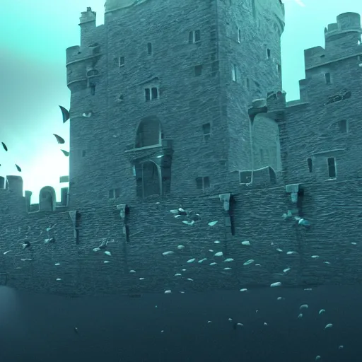 Image similar to underwater Edinburgh Castle, deep underwater, fish shoal, concept art in style of Greg Rutkowki, dynamic moody lighting, 4k, very highly detailed