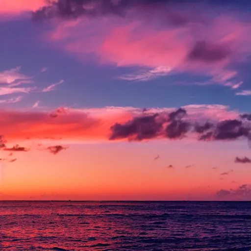 Image similar to Photo of the middle of the ocean, tiny islands made of sand and sandbars, a couple of palm trees, sunset, pink clouds, dreamy, enchanting, ultrarealistic, establishing shot