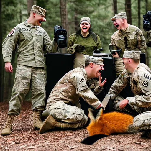 Image similar to a group of fox animals dressed in modern american military soldier uniforms, foxes laughing at a computer, 8 5 mm f / 1. 4