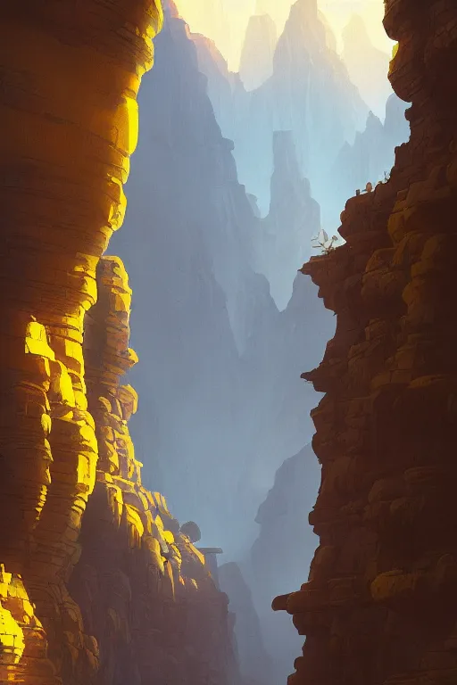 Prompt: ancient temple glowing yellow in a canyon, light streaks in the sky, dramatic lighting, artstation, matte painting, ralph mcquarrie, simon stalenhag