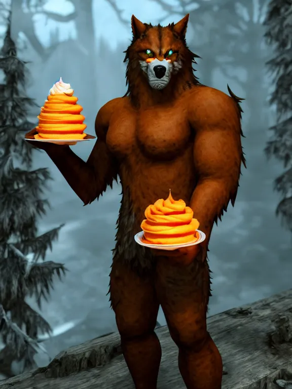 Image similar to cute handsome cuddly burly surly relaxed calm timid werewolf from van helsing holding a delicious cupcake with orange frosting in a candy shop sweet unreal engine hyperreallistic render 8k character concept art masterpiece screenshot from the video game the Elder Scrolls V: Skyrim