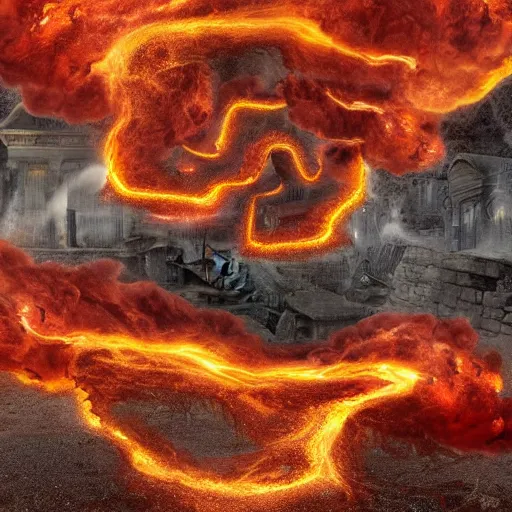 Prompt: digital art of fire and hail destroy a 4000BC middle eastern town, frightening, terrifying, divine, golden ratio, f32, well composed, cohesive