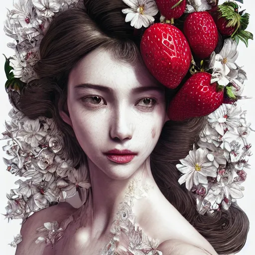 Image similar to the portrait of an absurdly beautiful, graceful, elegant, sophisticated, fashionable young woman made of strawberries and white petals looking down, an ultrafine hyperdetailed illustration by kim jung gi, irakli nadar, intricate linework, bright colors, octopath traveler, final fantasy, unreal engine 5 highly rendered, global illumination, radiant light, detailed and intricate environment