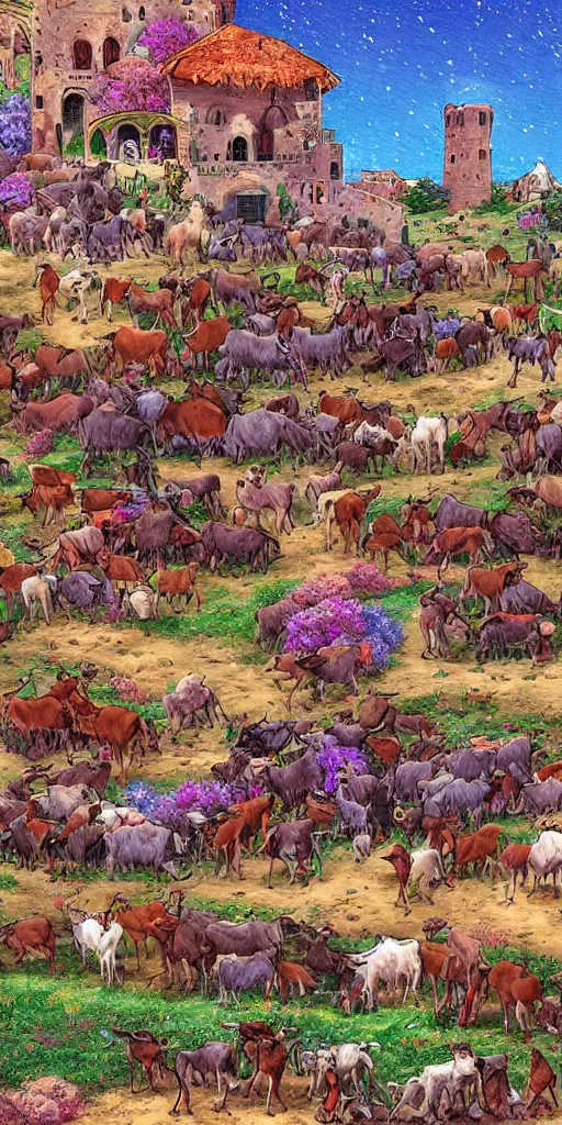 Image similar to a herd of goats in a tall citadel, colorful, beautiful, highly detailed digital painting