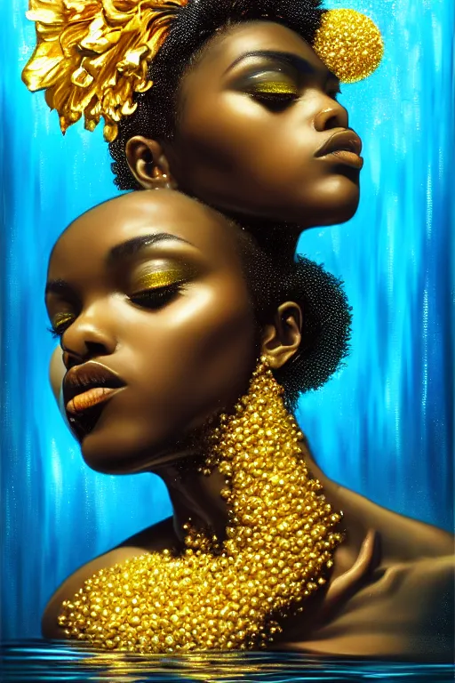 Image similar to hyperrealistic precisionist cinematic profile very expressive! black oshun goddess, in water! up to shoulders, mirror dripping droplet!, gold flowers, highly detailed face, digital art masterpiece, smooth eric zener cam de leon, dramatic pearlescent turquoise light on one side, low angle uhd 8 k, shallow depth of field