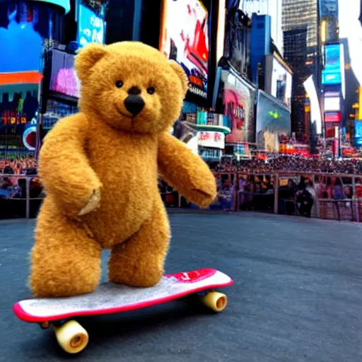 Image similar to A photo of a teddy bear on a skateboard in Times Square