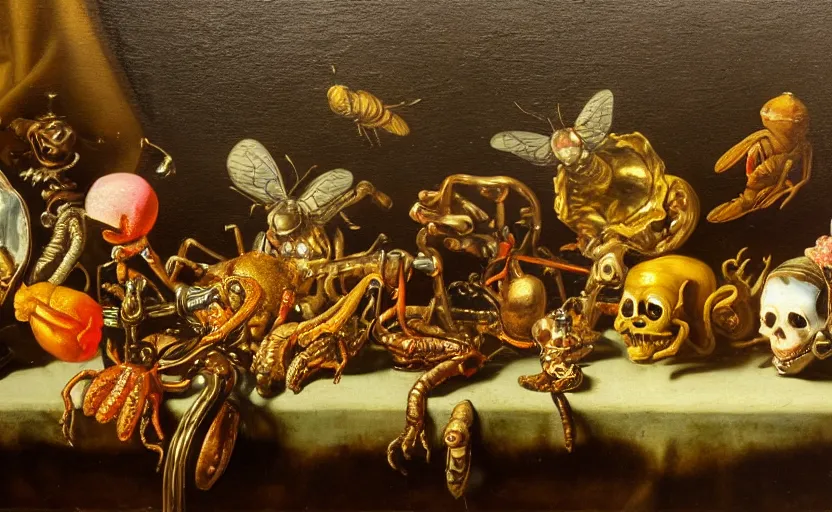 Image similar to disturbing colorful oil painting dutch golden age vanitas still life with bizarre objects strange gooey surfaces shiny metal bizarre insects rachel ruysch dali todd schorr very detailed perfect composition rule of thirds masterpiece canon 5 0 mm, cinematic lighting, photography, retro, film, kodachrome