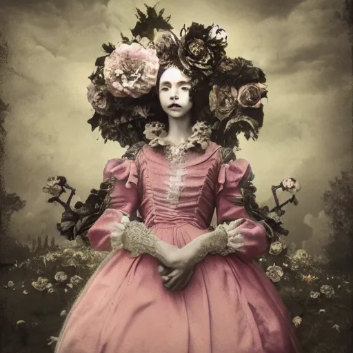 Image similar to 8k, octane render, depth layering, polarizing filter, AI enhanced, realism, tonalism, renaissance, rococo, baroque, group of creepy young ladies wearing long harajuku manga dress with flowers and skulls, background chaotic flowers