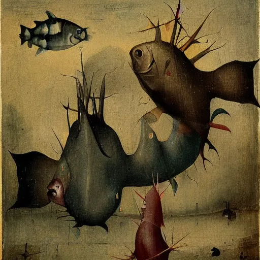 Image similar to two fishes talking to eachother in deep sea, art by hieronymus bosch