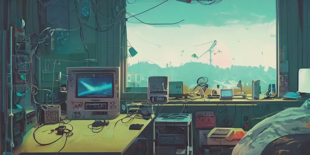 Image similar to cozy 9 0 s bedroom retrofuturism, cluttered, wires everywhere, computer, window, detailed by simon stalenhag