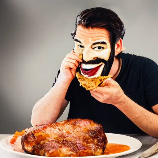 Image similar to man with guy fawkes mask eating pork chop