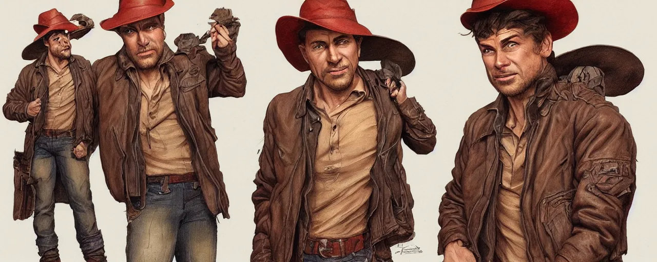 Prompt: character design, turnaround, zoomed out, 40's adventurer, unshaven, optimistic, stained dirty clothing, straw hat, riding boots, red t-shirt, dusty brown bomber leather jacket, detailed, concept art, photorealistic, hyperdetailed, 3d rendering , art by Leyendecker and frazetta,