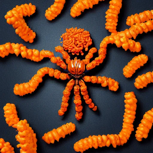 Prompt: A spider with cheetos as arms, hyperrealism, 4k