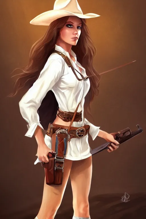 Image similar to full body, female cowgirl, perfect face, white blouse, long rifle, 8 k, magic the gathering, desert, d & d, artstation