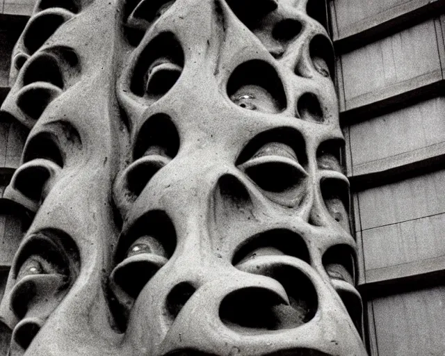 Image similar to by bruce davidson, andrew boog, mystical photography evocative. an intricate fractal concrete and chrome brutalist carved sculpture of the secret faces of god, standing in a city center.