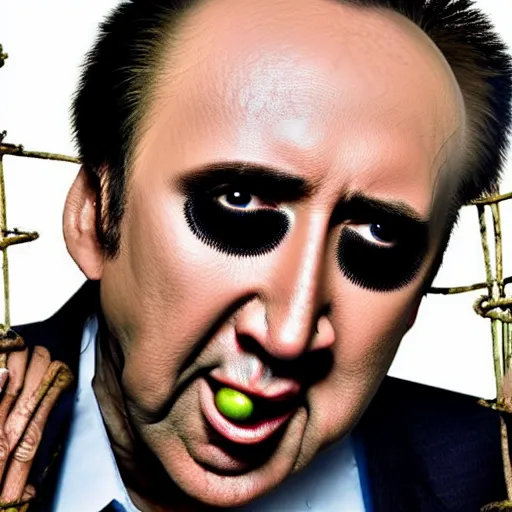 Image similar to nicolas cage trapped in a wicker cage with peas on his face, dying