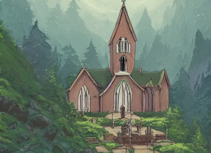 Image similar to view of a catholic church on a forested mountain, in the style of studio ghibli, distant, detailed, artstation, award winning painting,