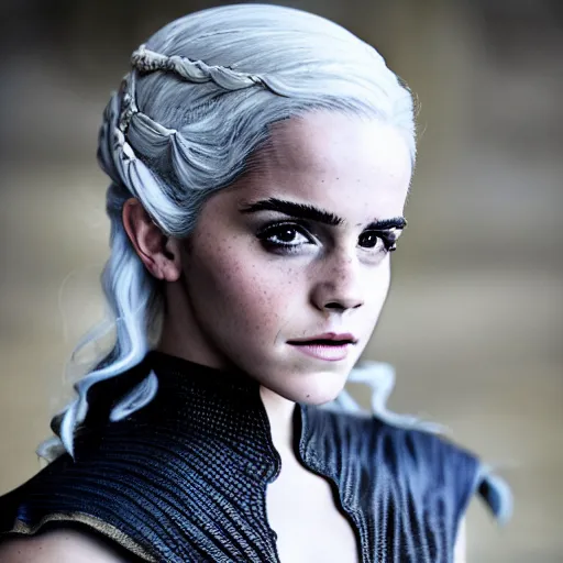 Image similar to Emma Watson full shot modeling as hot Daenerys Targaryen From Game of Thrones, (EOS 5DS R, ISO100, f/8, 1/125, 84mm, postprocessed, crisp face, facial features)