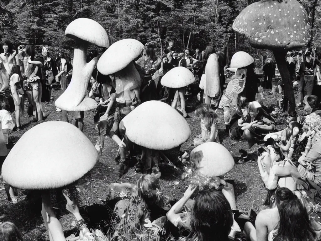 Prompt: 70s photo of giant mushroom smoking a joint at trippy psychedelic hippy festival Woodstock