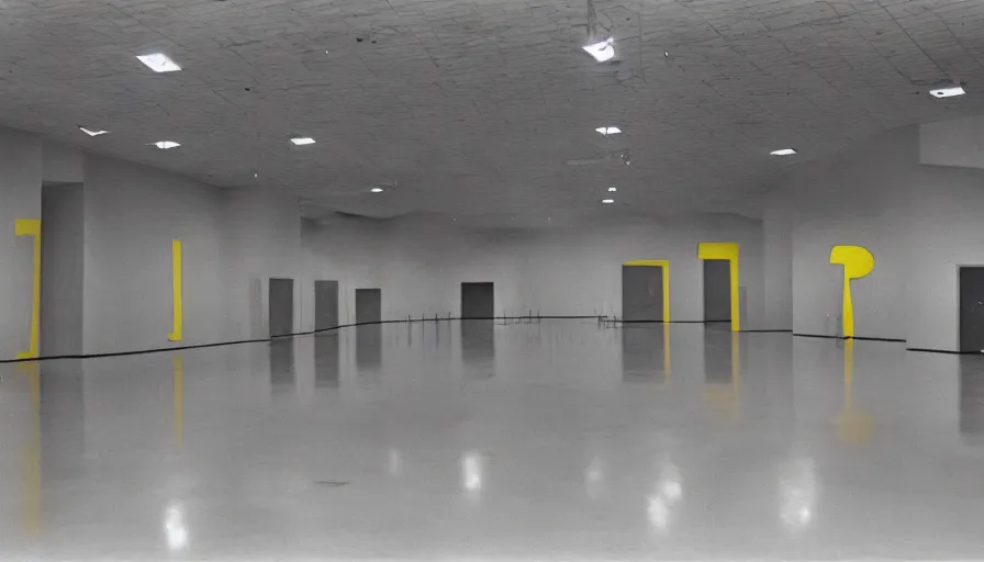 Image similar to 60s movie still of a sovietic stalinist style empty art museum with a soviet congress with yellow wall, KODAK EBX, liminal Space style, heavy grain